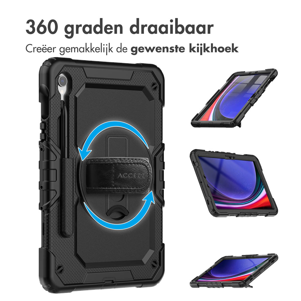 A black tablet case with a rotating stand and multiple viewing angles.