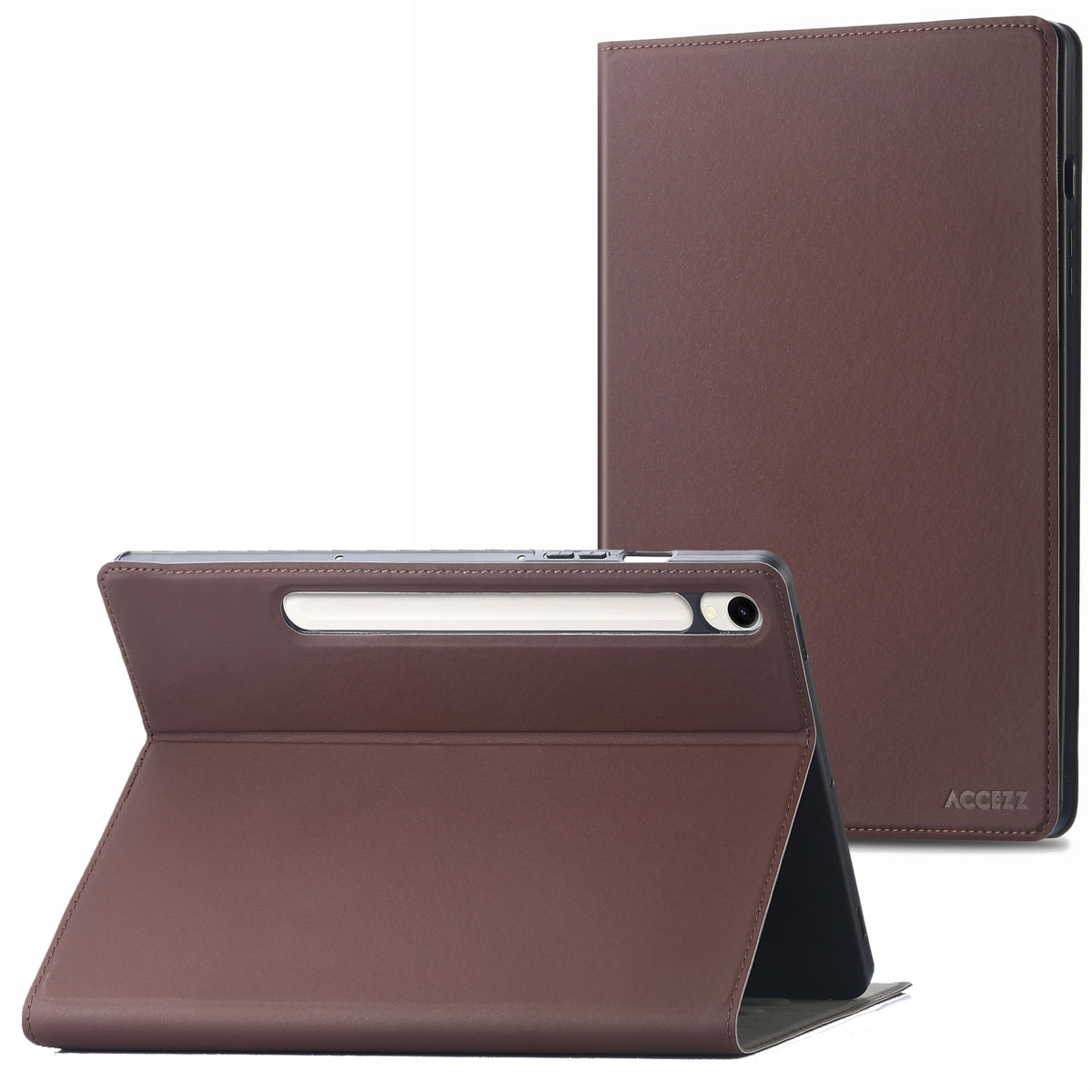 Un étui de tablette marron avec une tablette à l'intérieur et un ouvert. Le logo ACCEZZ est visible.