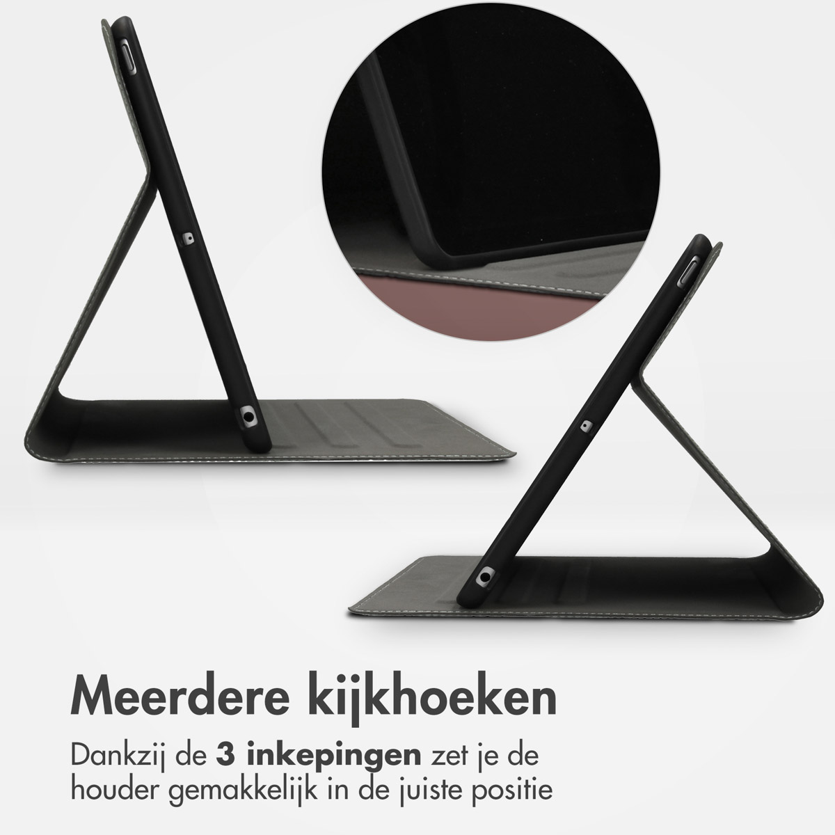 Tablethoes met een opvouwbare standaard voor meerdere kijkhoeken. De hoes is grijs.