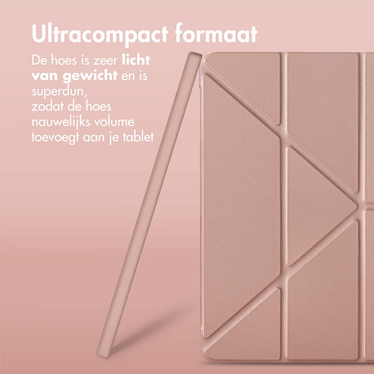 A rose gold tablet case with a geometric pattern. A stylus lies beside it.