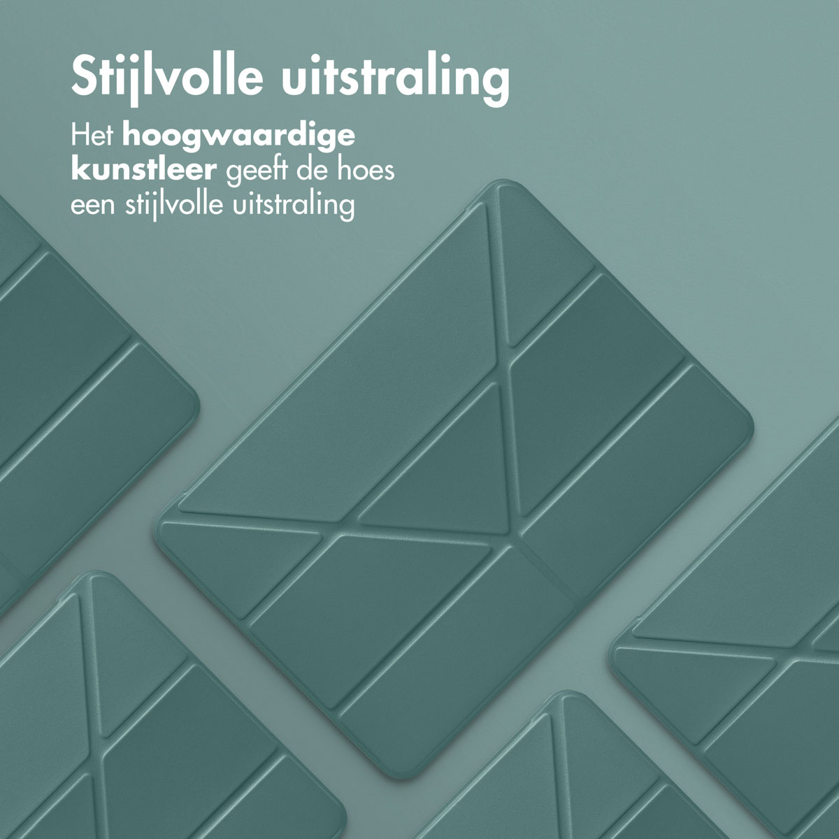 Teal tablet cases with a geometric design, arranged on a teal surface.