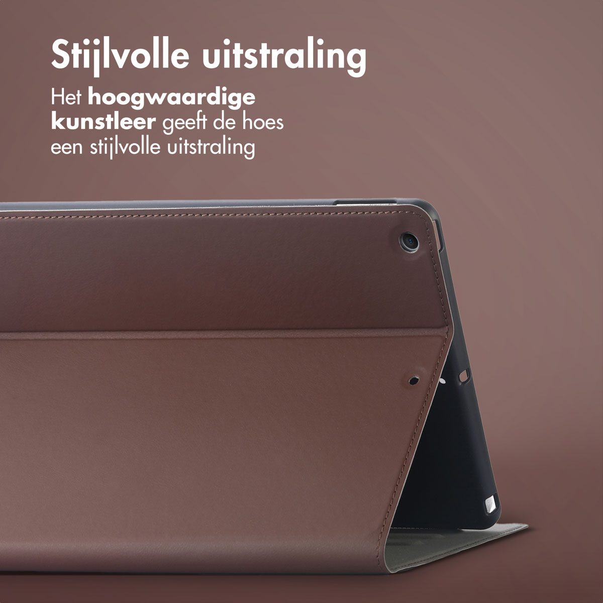 A brown tablet case, open, showing the tablet and a brown leather-like cover. Text describes a stylish design.
