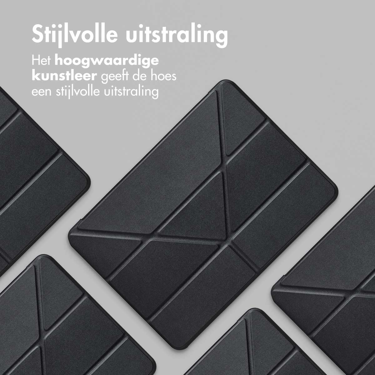 Black tablet cases with a geometric design. The top shows the text 'Stijlvolle uitstraling'.