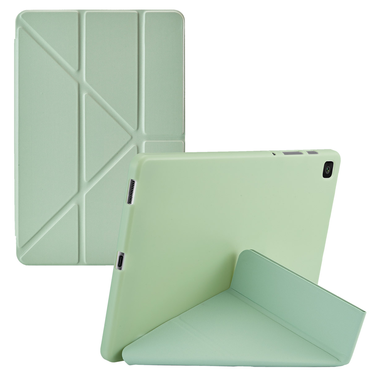 Mint green tablet case, open and closed, with the tablet in view.