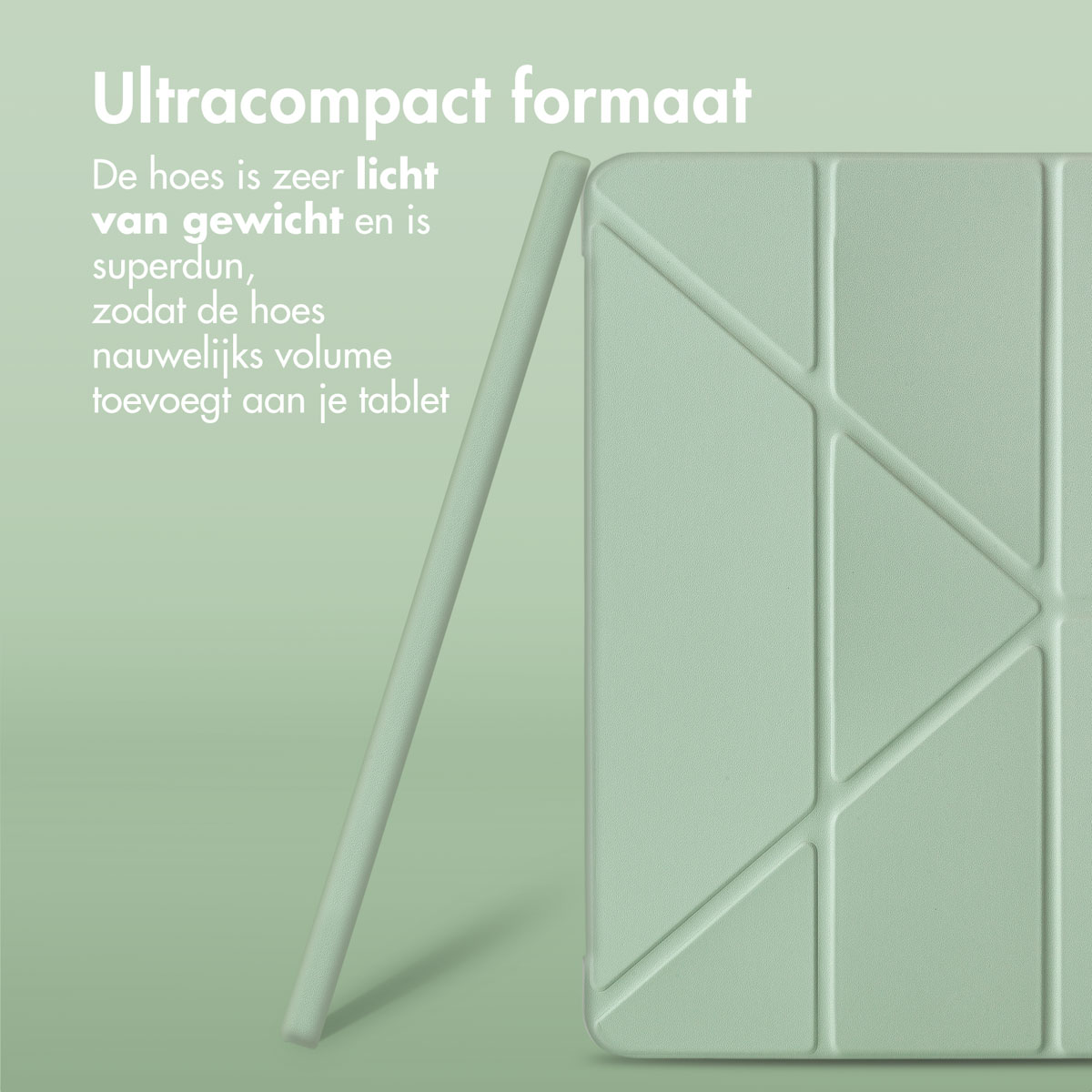 Tablethoes in lichtgroen met een geometrisch ontwerp en standaard. Tekst in het Nederlands.