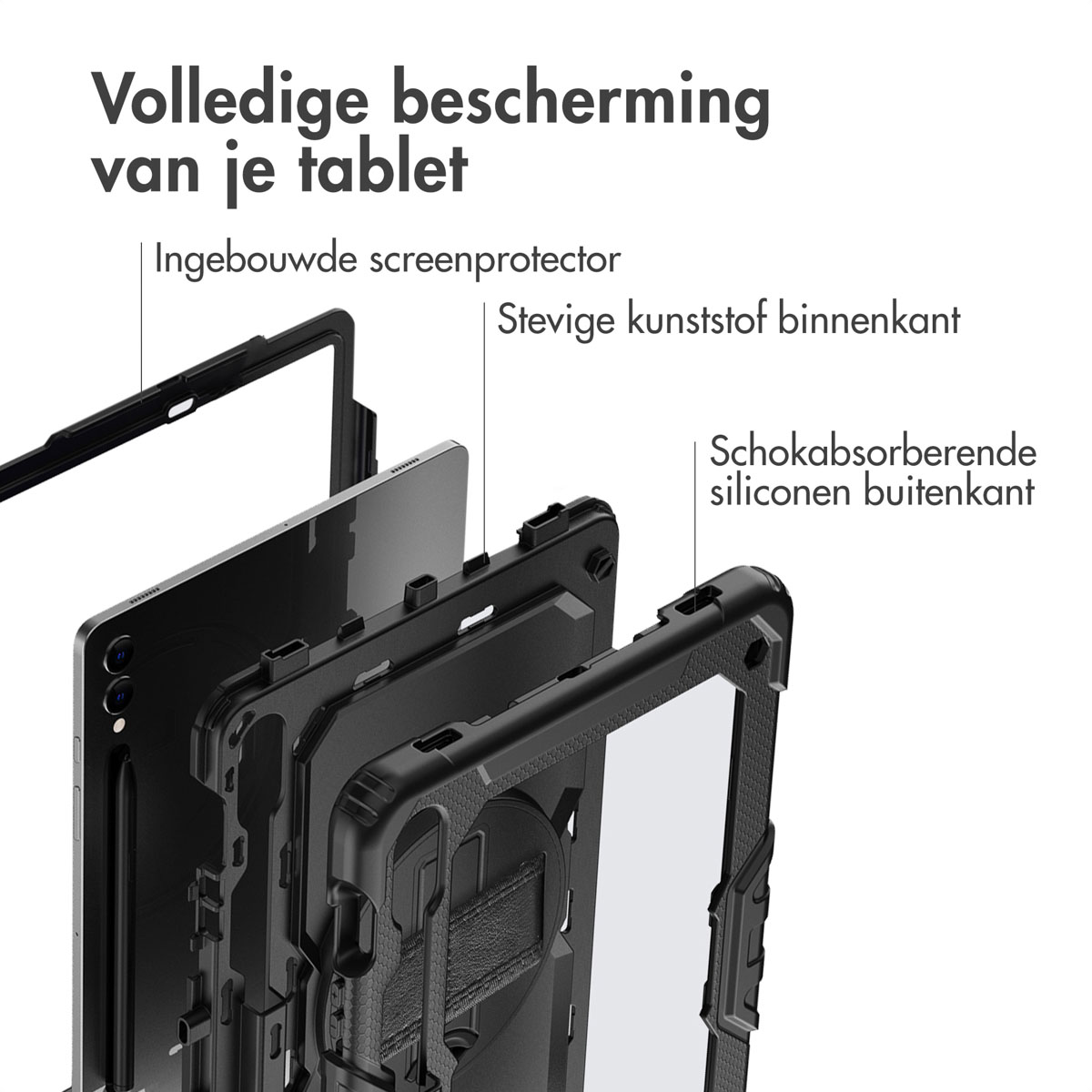 Tablet case, exploded view, showing layers of protection: screen, internal frame, and outer case.
