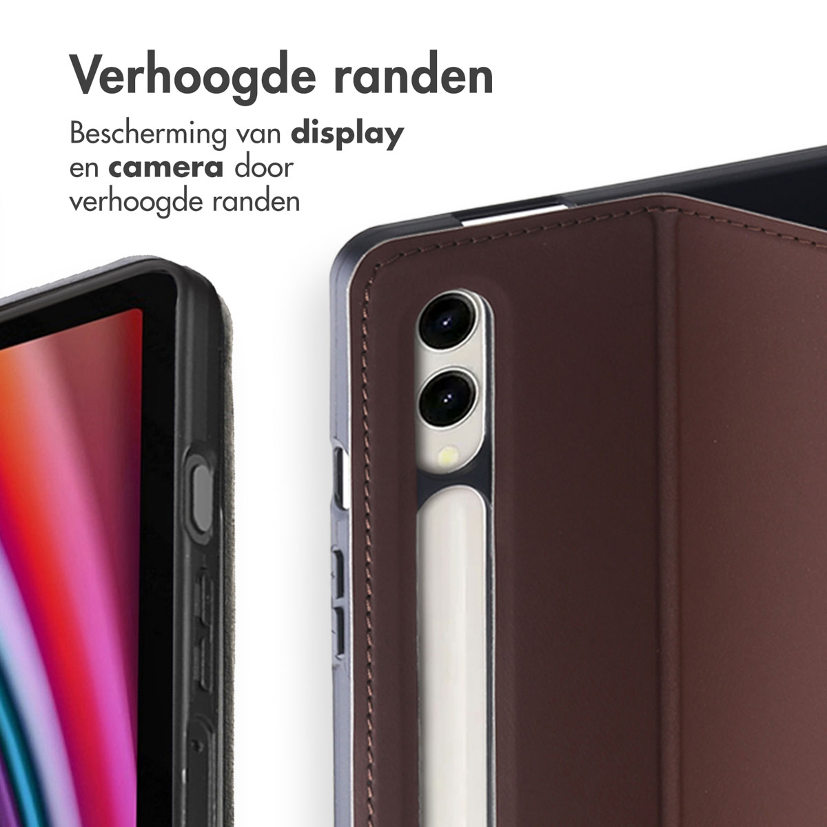 Close-up of a tablet case with raised edges. The case is brown and protects the display and camera.