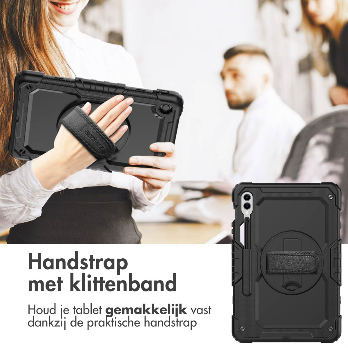 A woman holding a tablet in a black case with a hand strap. A hand strap is visible. Text promotes easy tablet holding.