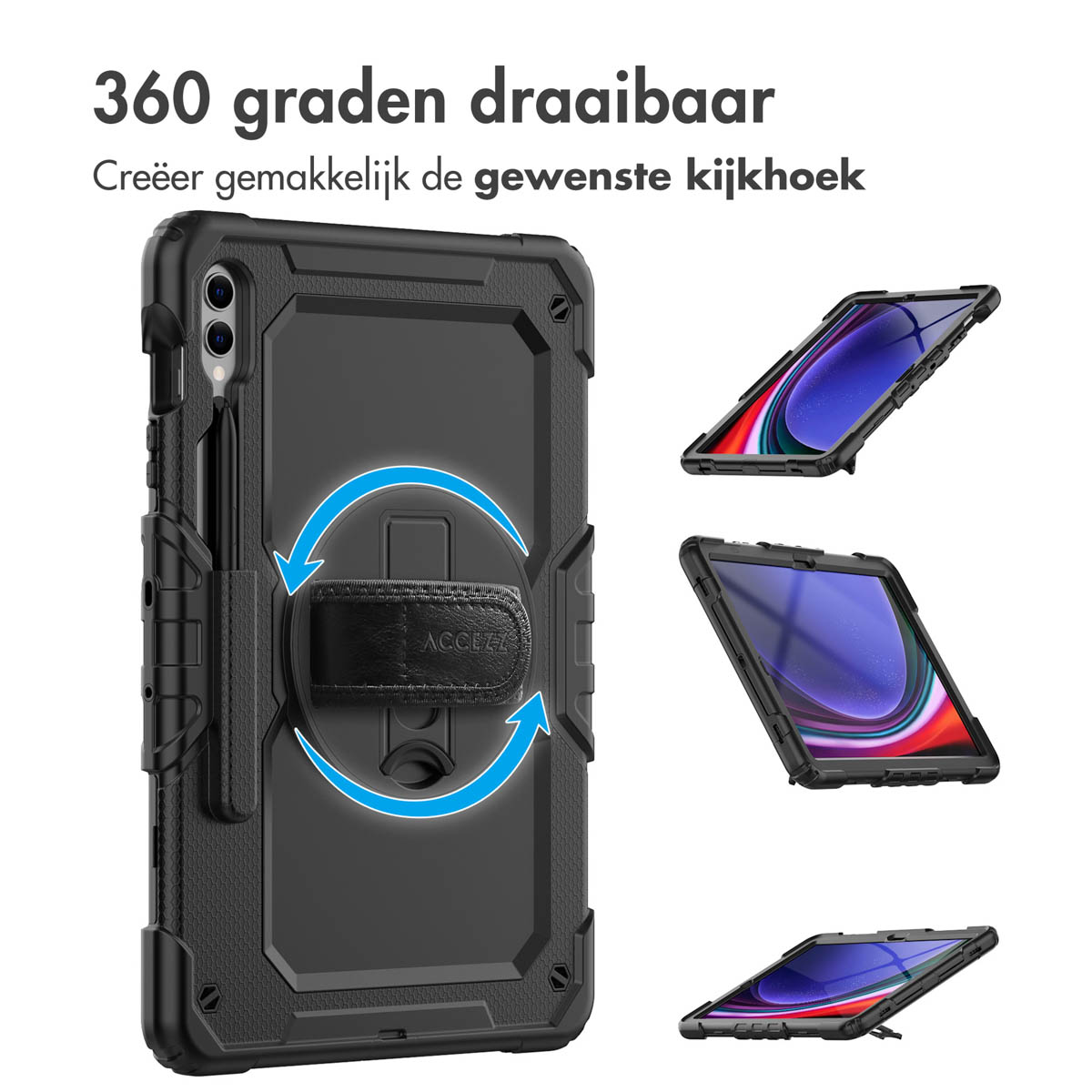 Black tablet case with a rotating feature. Three views shown, illustrating the tablet's position. Blue arrow.