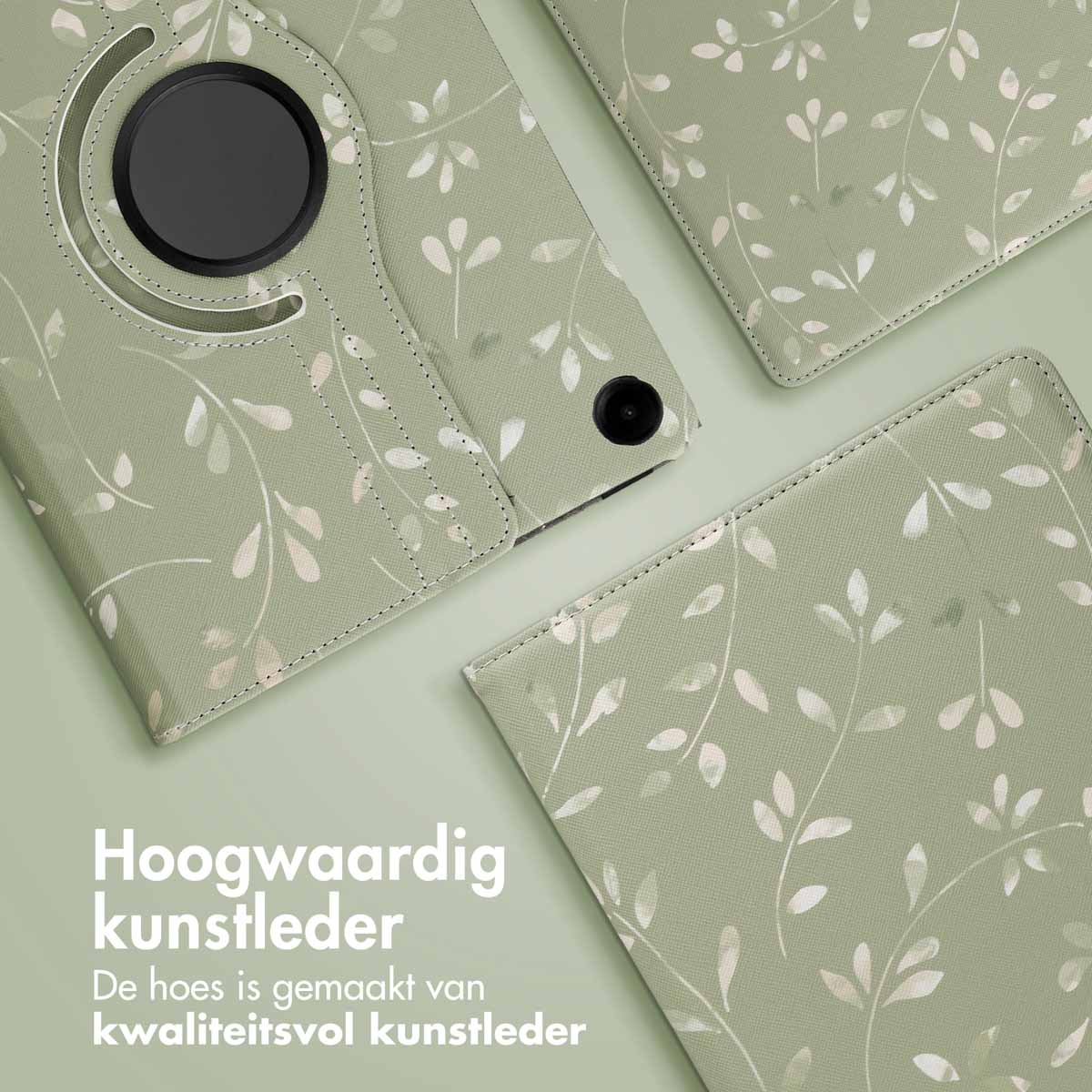 Close-up shots of a tablet case with a light green floral design. Multiple angles of the case are shown.