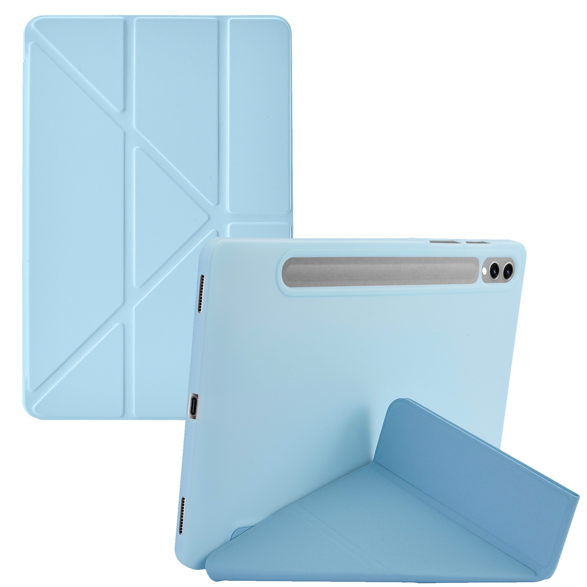 A blue tablet case. Dutch text shows a tablet and case. It can be used in multiple positions.