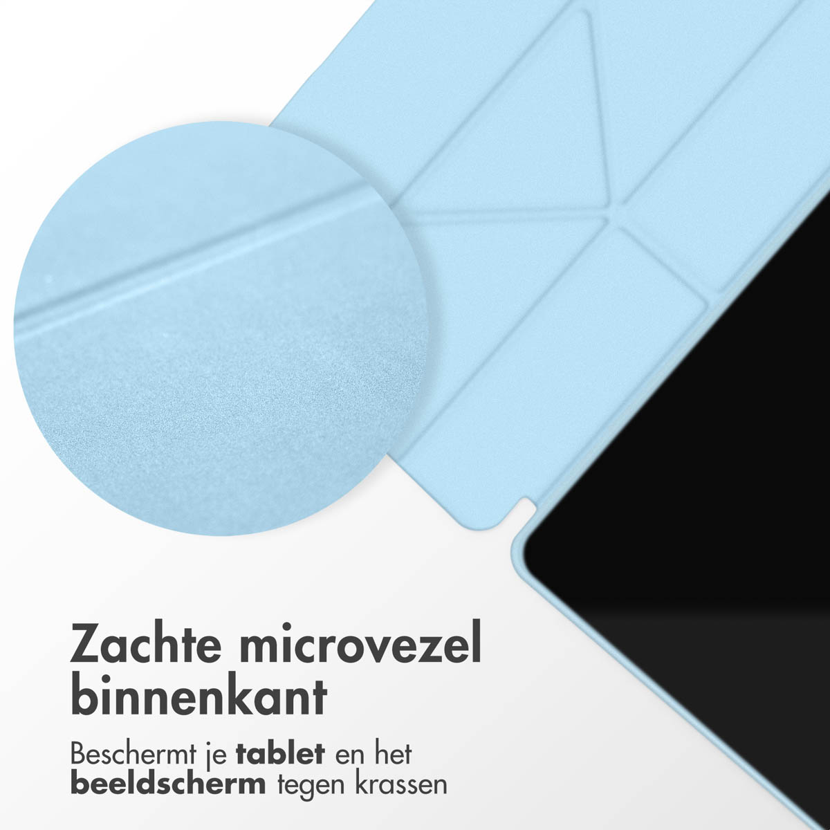 Light blue tablet case close-up, showing a soft microfiber interior, protecting the screen from scratches.