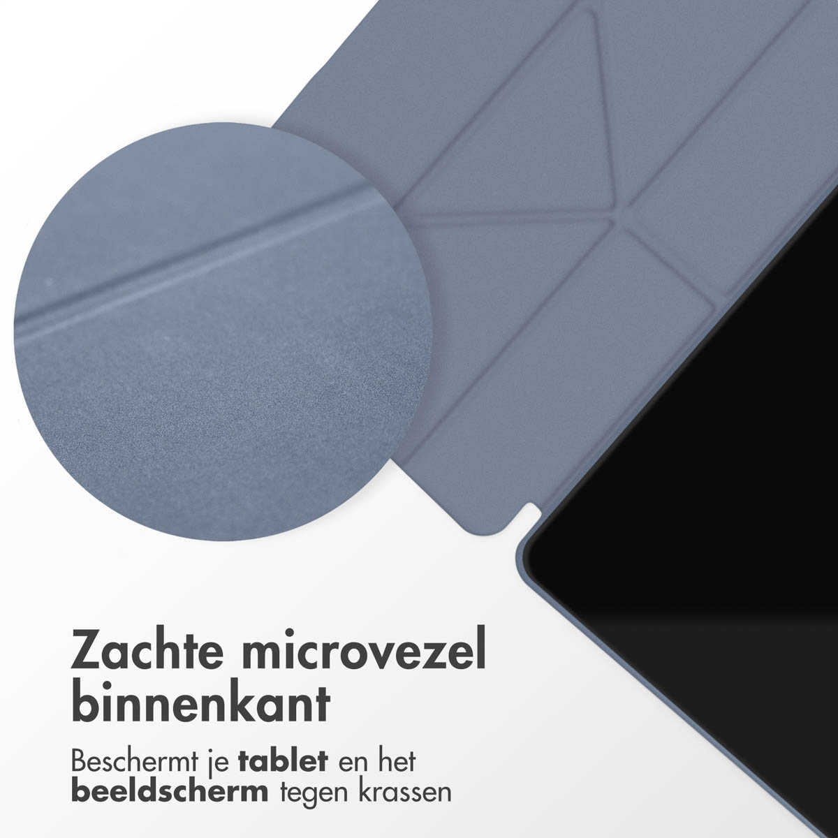 Close-up of a blue tablet case with a textured interior. Text in Dutch.