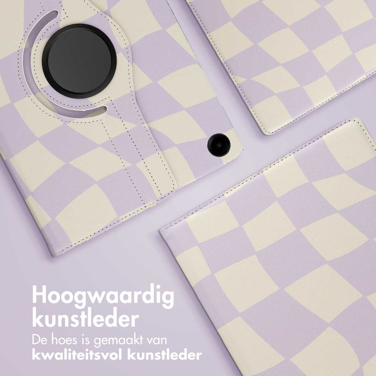 A tablet case with a purple checkered pattern, showcasing a high-quality leather design.