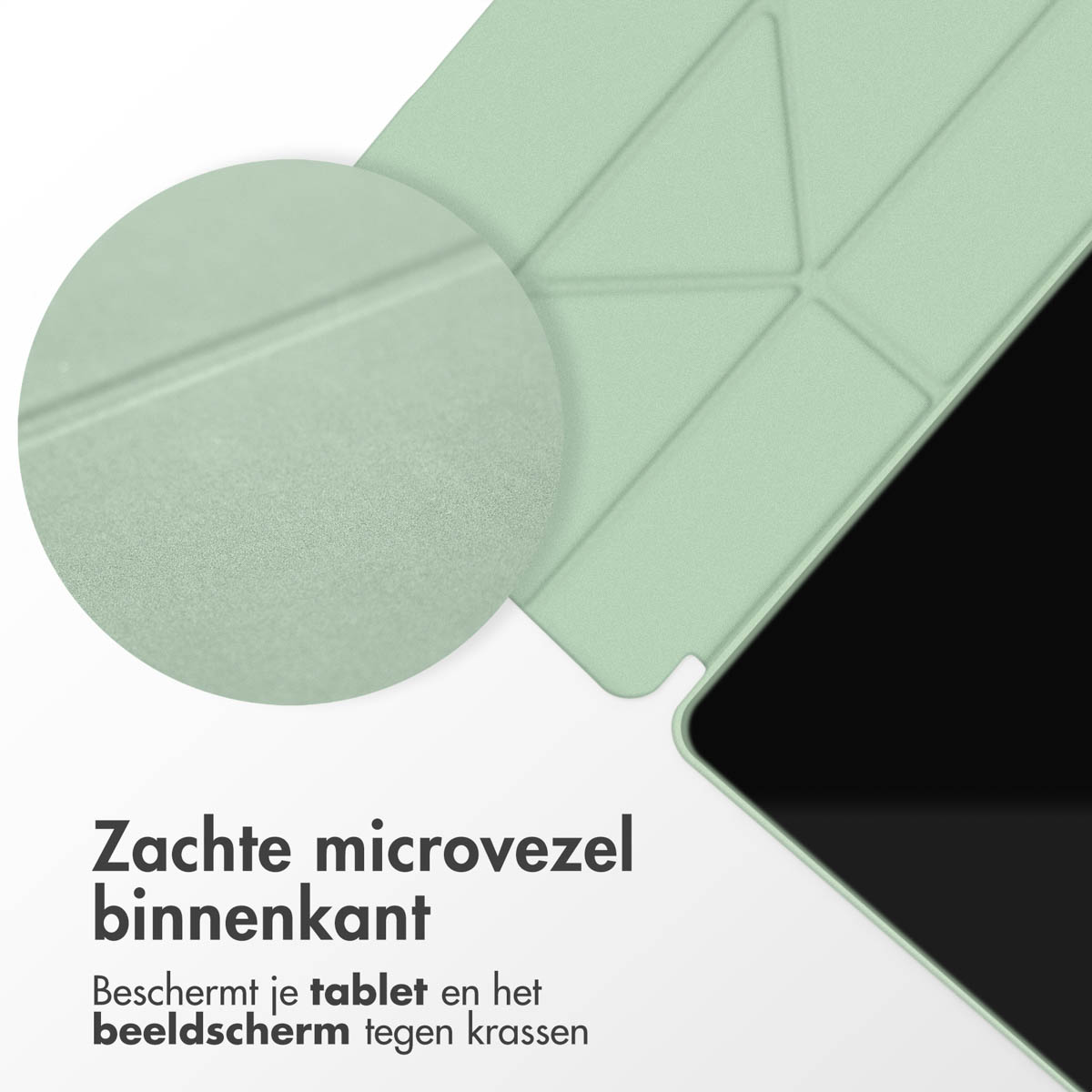 Tabletcase detail: lichtgroene cover en tabletscherm, close-up.