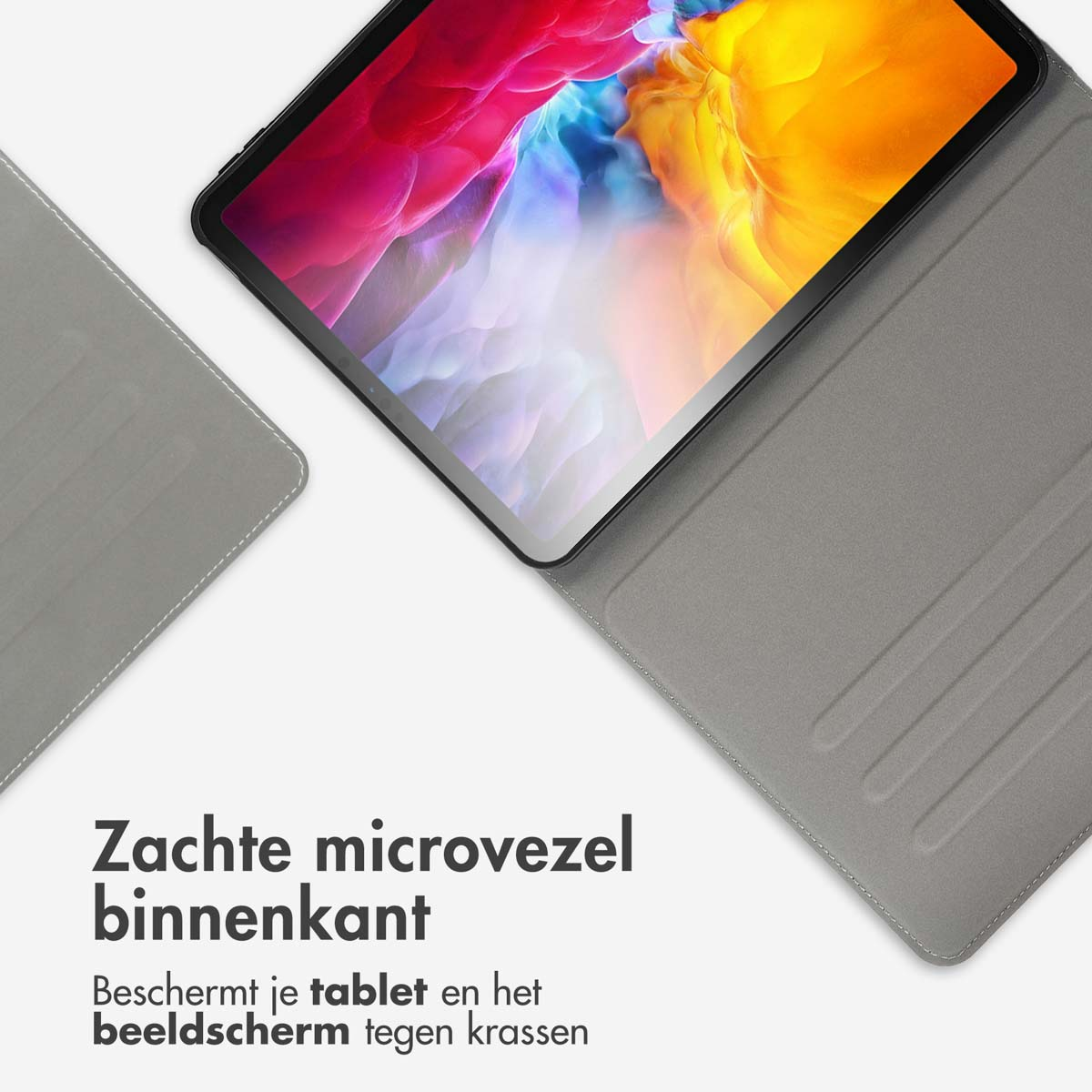 Tablet in a gray case with a soft microfiber interior. The tablet is partially visible.