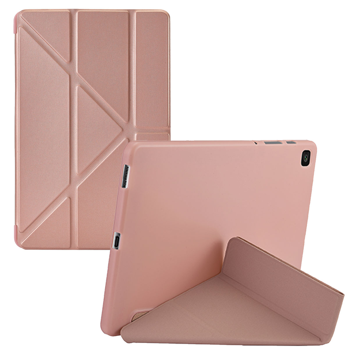 Pink tablet case with a tablet inside. The case is folded.