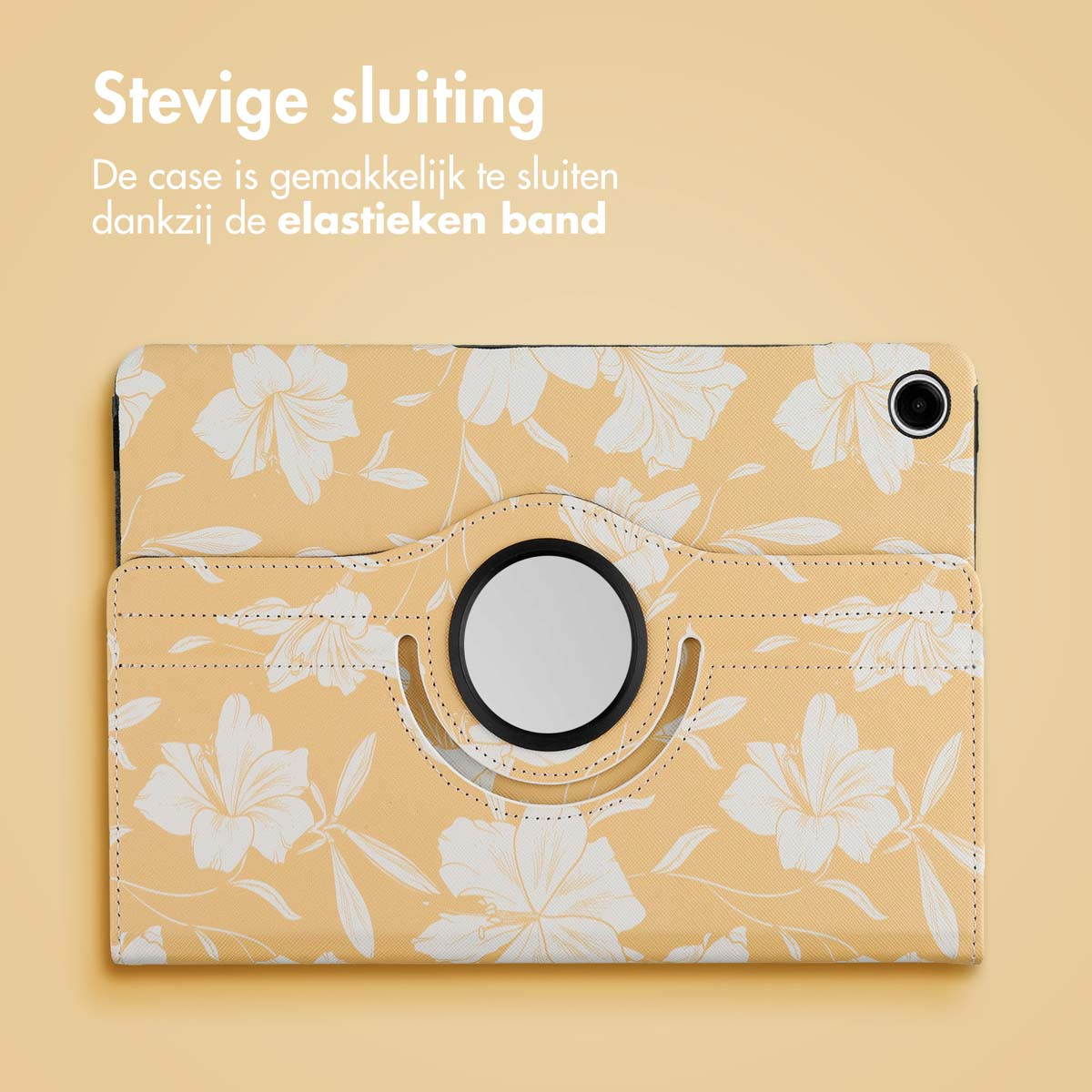 Yellow floral print case, open with stand function and camera cutout.