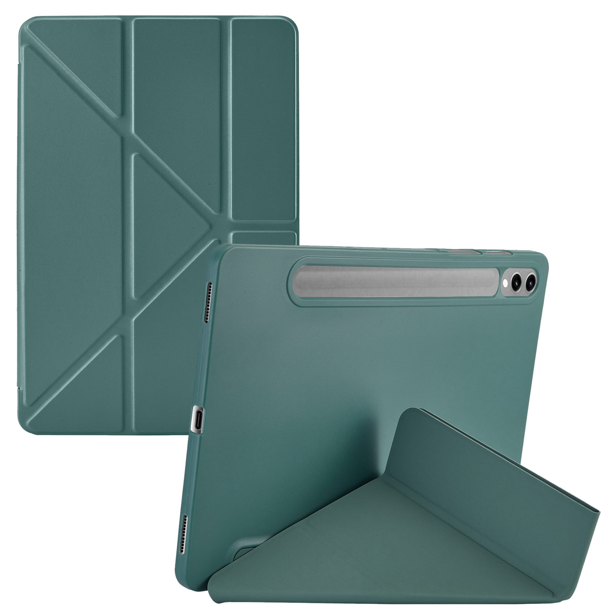 Green tablet case with two views: closed and propped open. The case has a sleek, angular design.