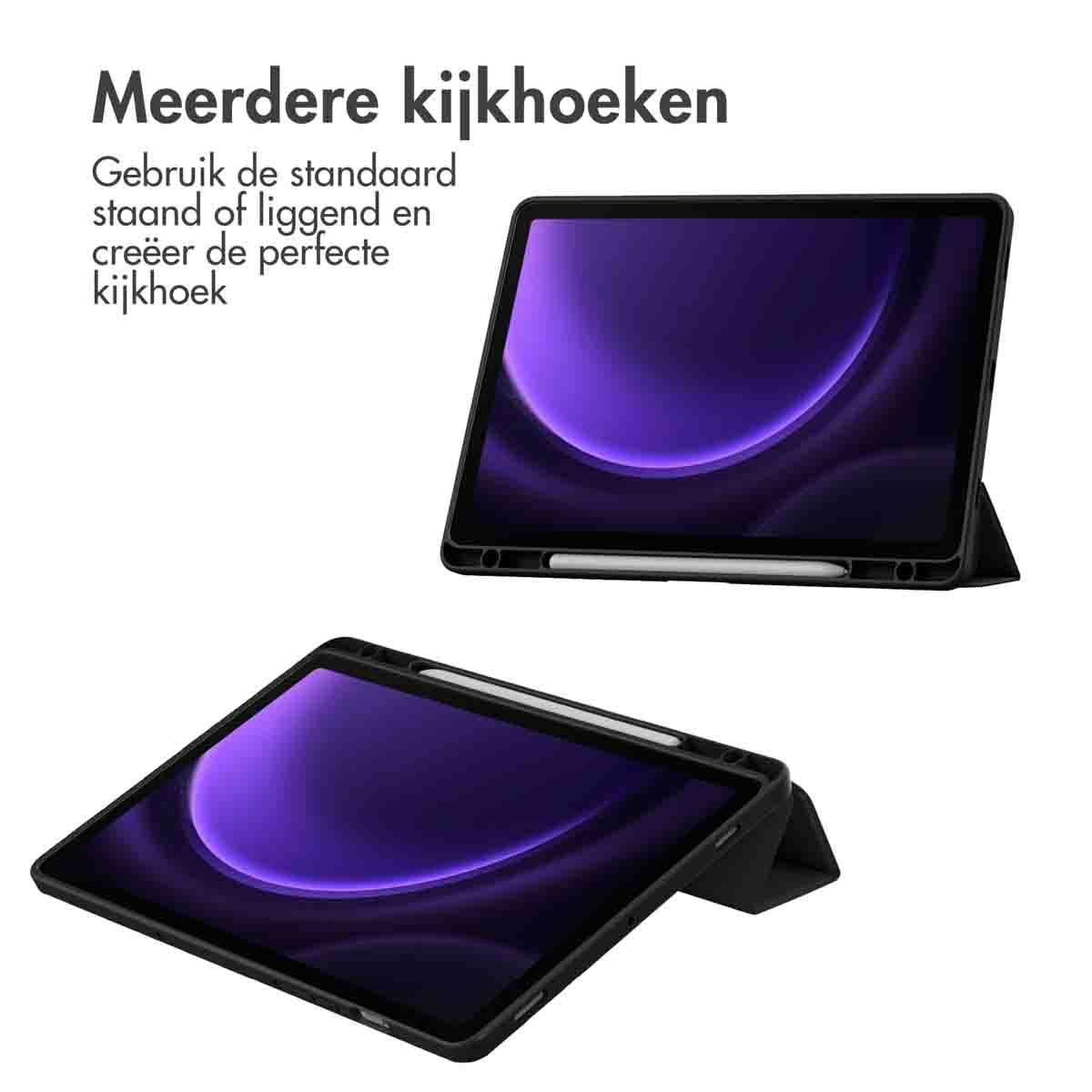 Tablets are displayed at different angles, showing a view of the screen. Text highlights the multiple viewing angles.
