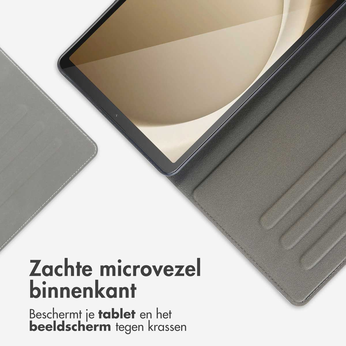 A tablet is in a gray case, open. The screen is visible. Text describes the soft microfiber interior, protecting the screen.
