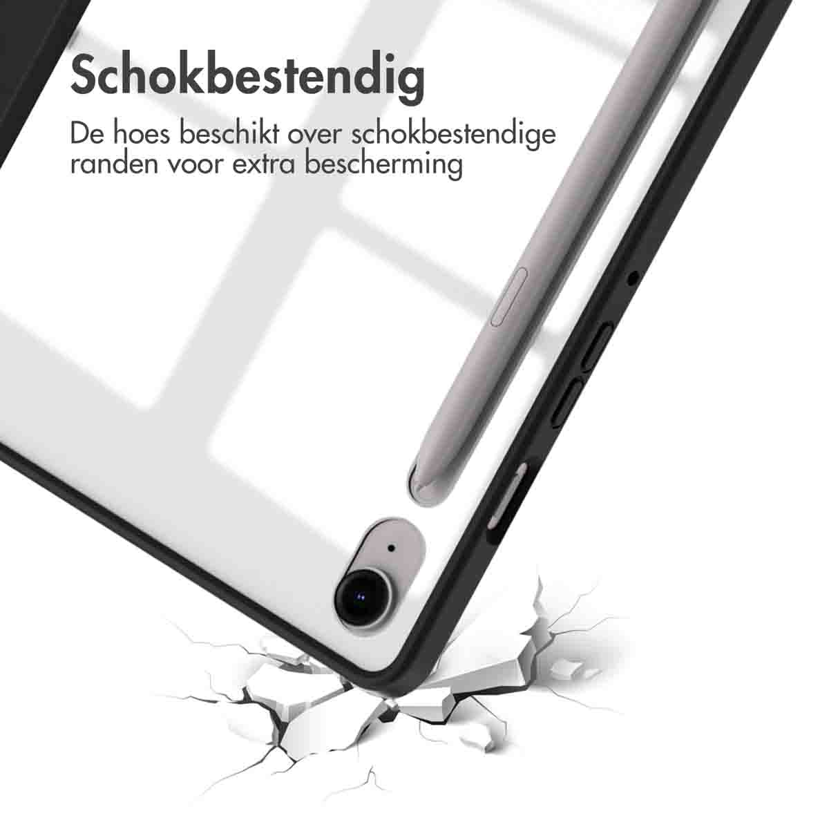 Tablet with a clear case. A stylus is present. The tablet is on a white background.