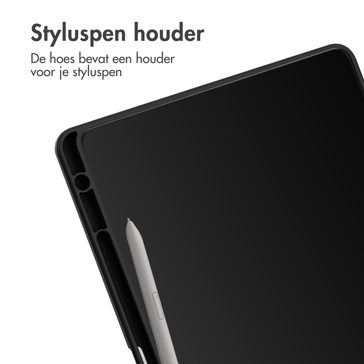 Black tablet case with stylus holder; a silver stylus in place.