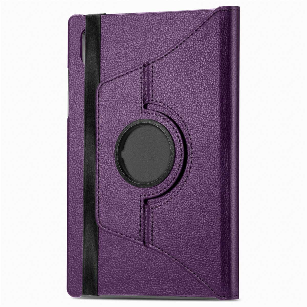 Purple tablet case with a rotating holder and a black elastic band.