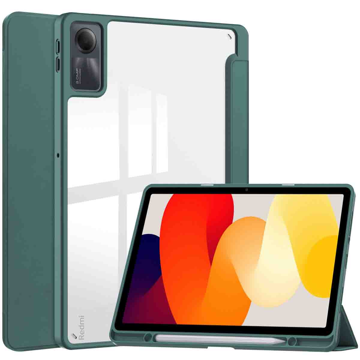 Tablet case, green, with a tablet inside, side view with camera visible.