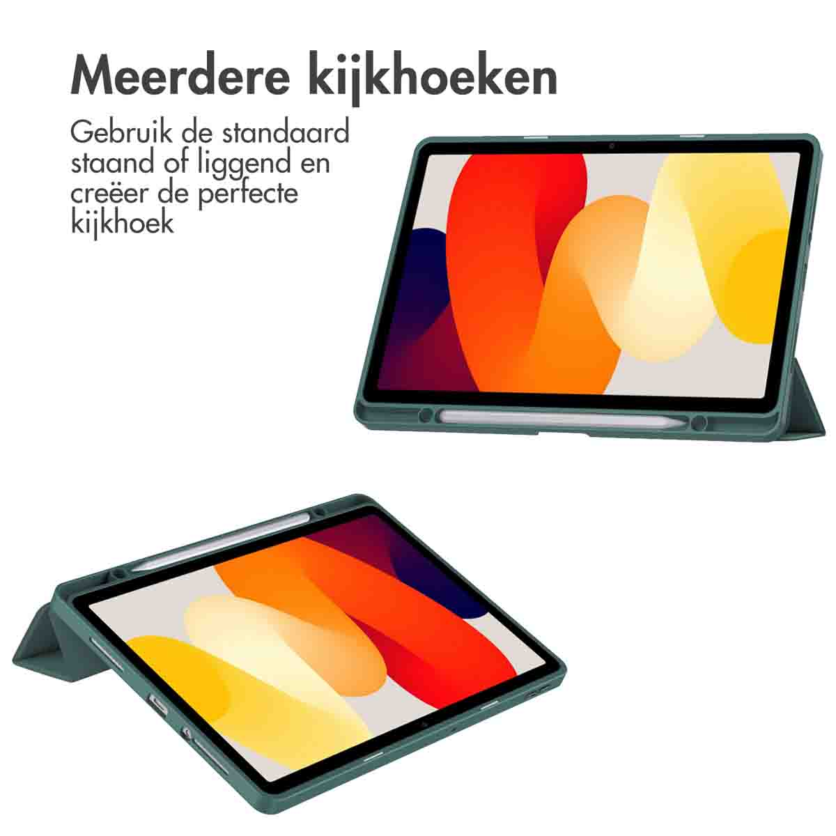 Two tablets in green cases, one open, one closed. Text about viewing angles. White background.