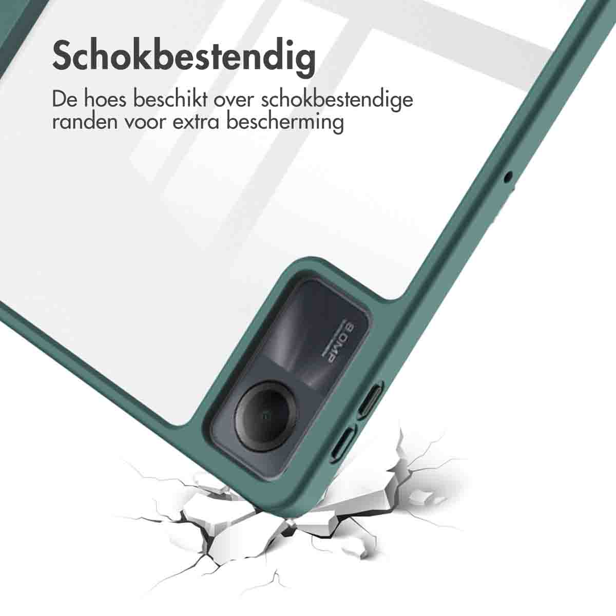 Tablet in a green case, with cracked ground below. The case provides shock resistance.