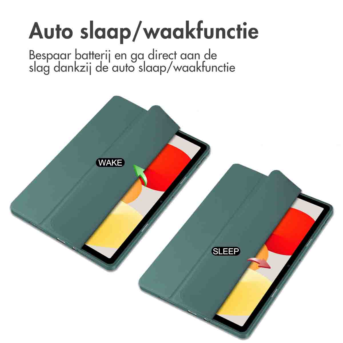 Two tablets with open green cases. One shows 'WAKE', the other 'SLEEP'. The background is white.