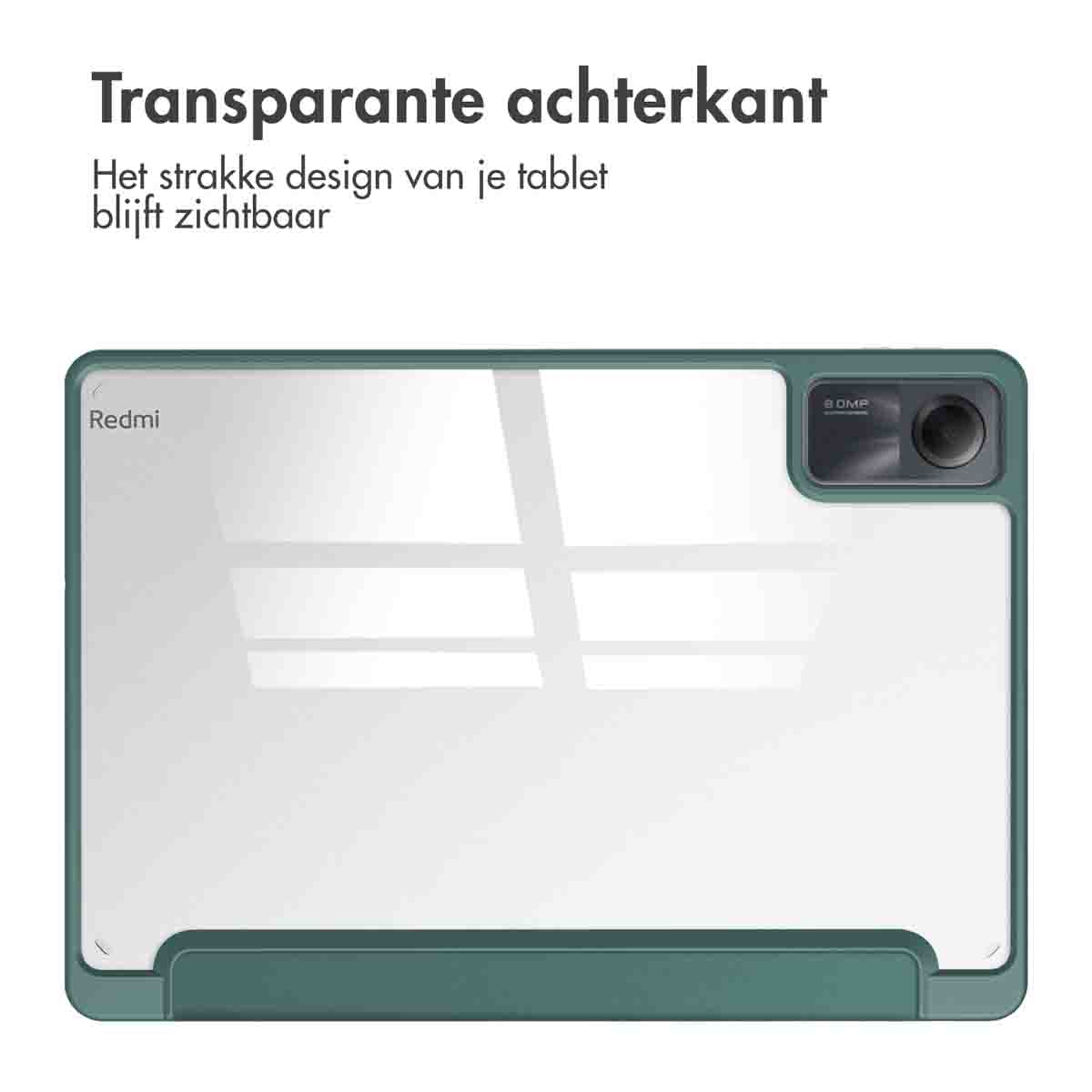Tablet with transparent back. A teal case with a clear back revealing the tablet. The brand Redmi is visible.