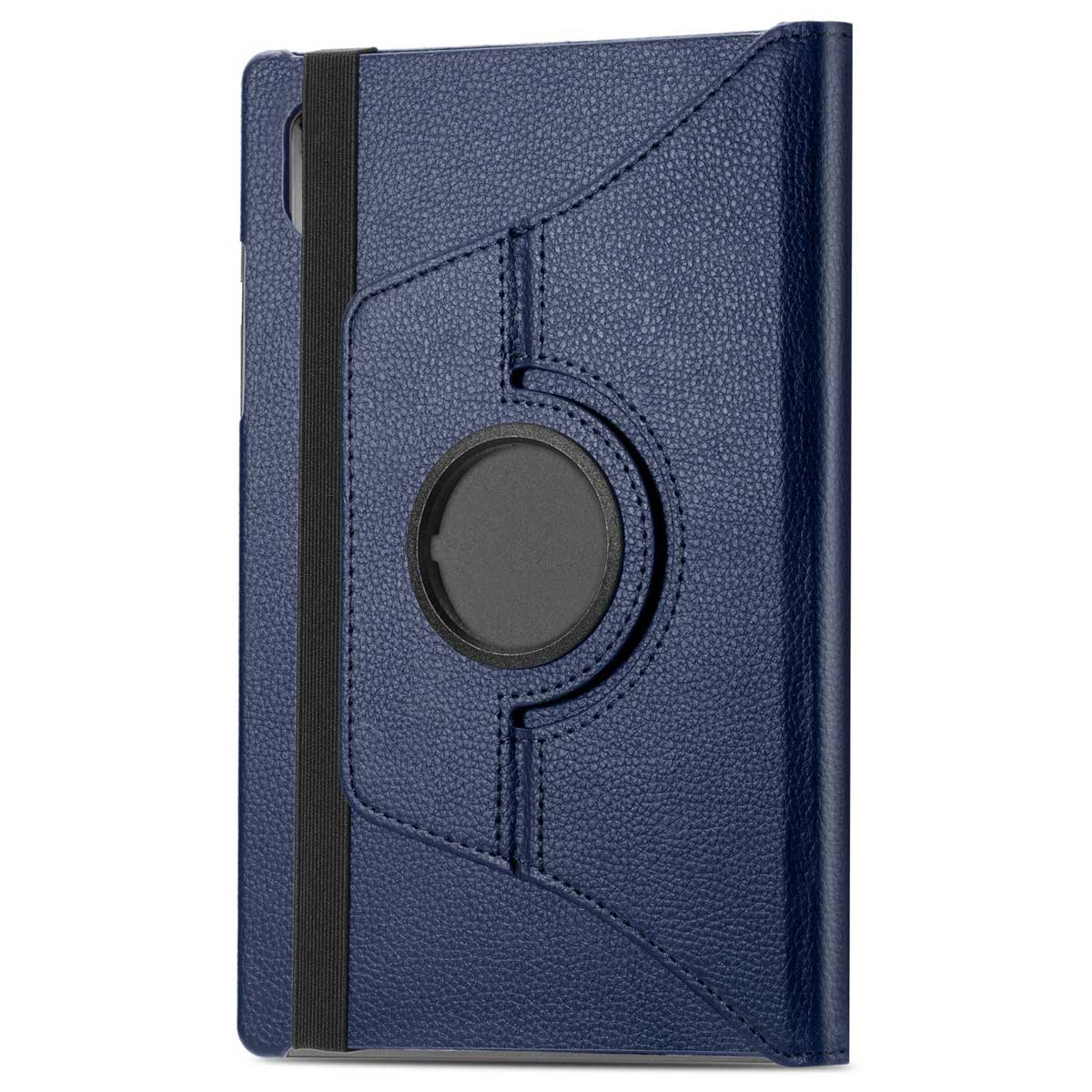 Dark blue leather tablet case with black elastic strap and rotating holder.