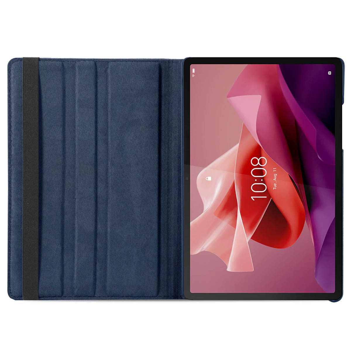 An open blue tablet case with a tablet displaying a colorful screen.