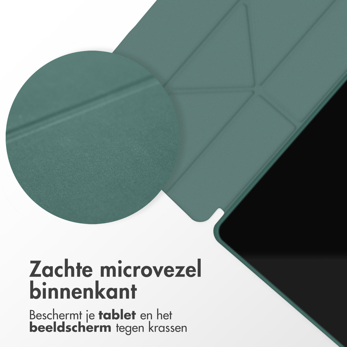 A close-up shows the inside of a green tablet case. Text 'Zachte microvezel binnenkant' is visible.