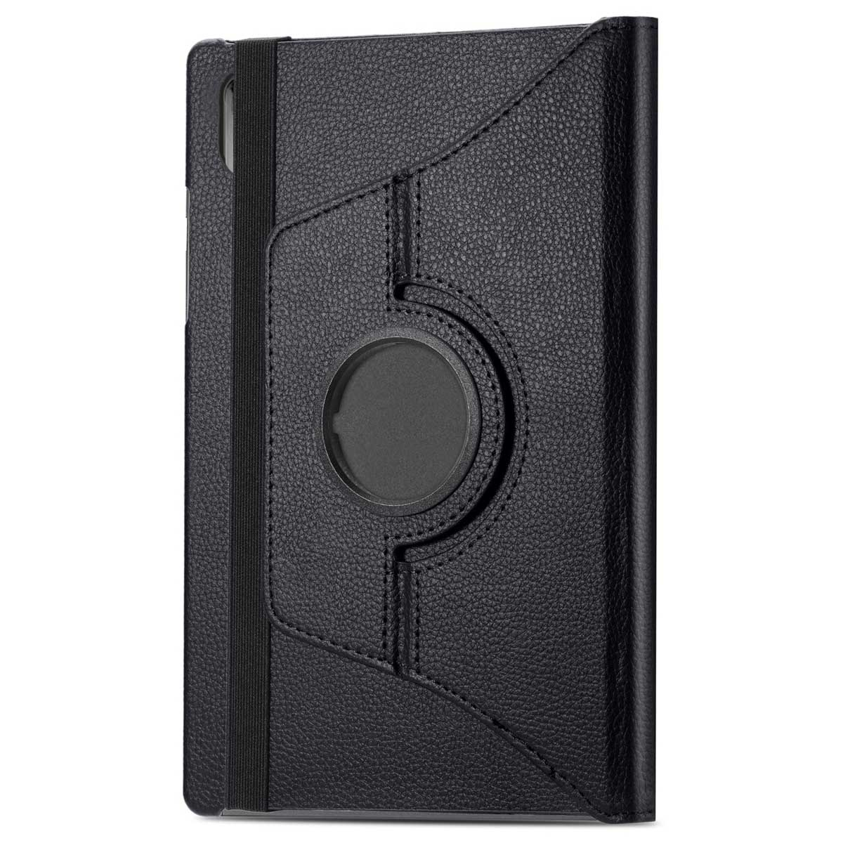 Black leather tablet case with a swivel feature and elastic strap.