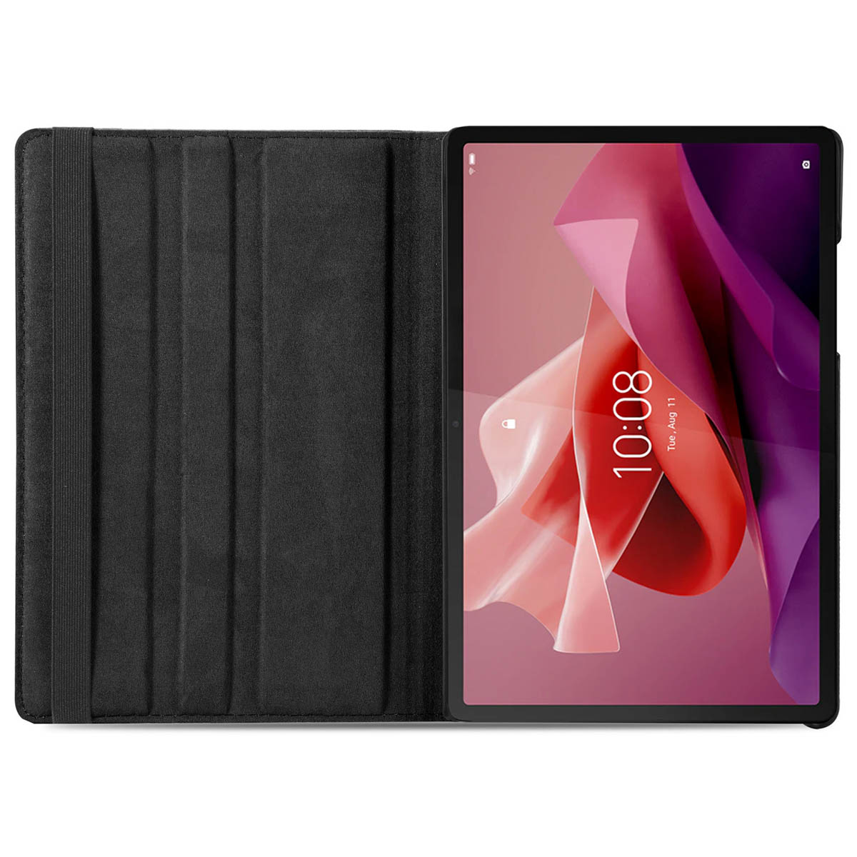A black tablet secured inside a matching protective case with an elastic band.