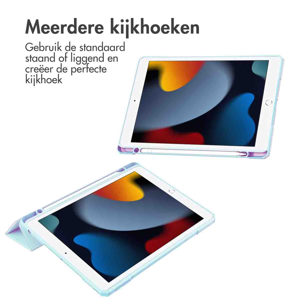 Two tablets in cases, one propped up. Text in Dutch describes multiple viewing angles.