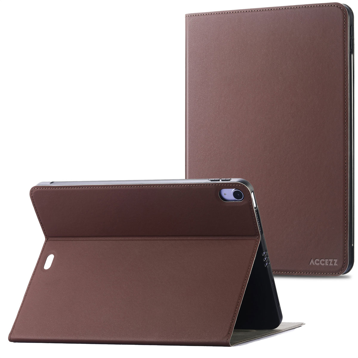 Bruine tablethoes, open en dicht. De open hoes toont de tablet en het ACCEZZ-logo.