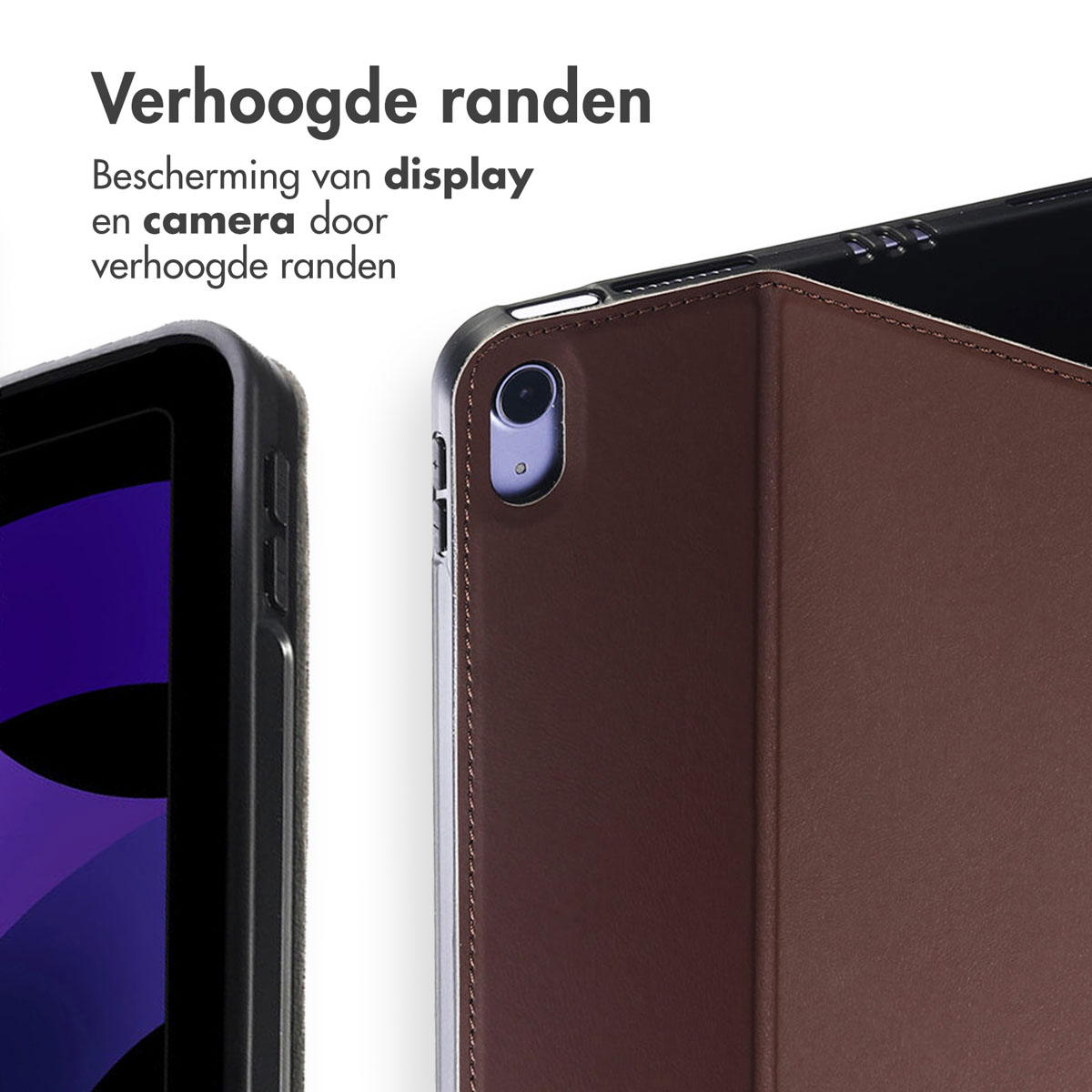 Close-up tablet case met verhoogde randen. Toont camera en display bescherming. Zwart en bruin.