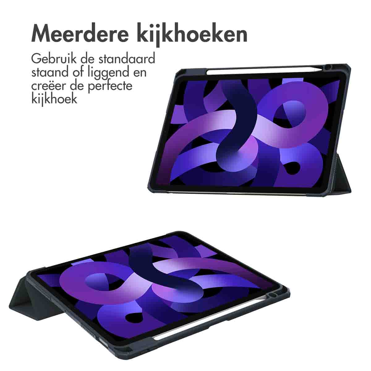 Two tablets in cases, one propped up. Text in Dutch describes multiple viewing angles.