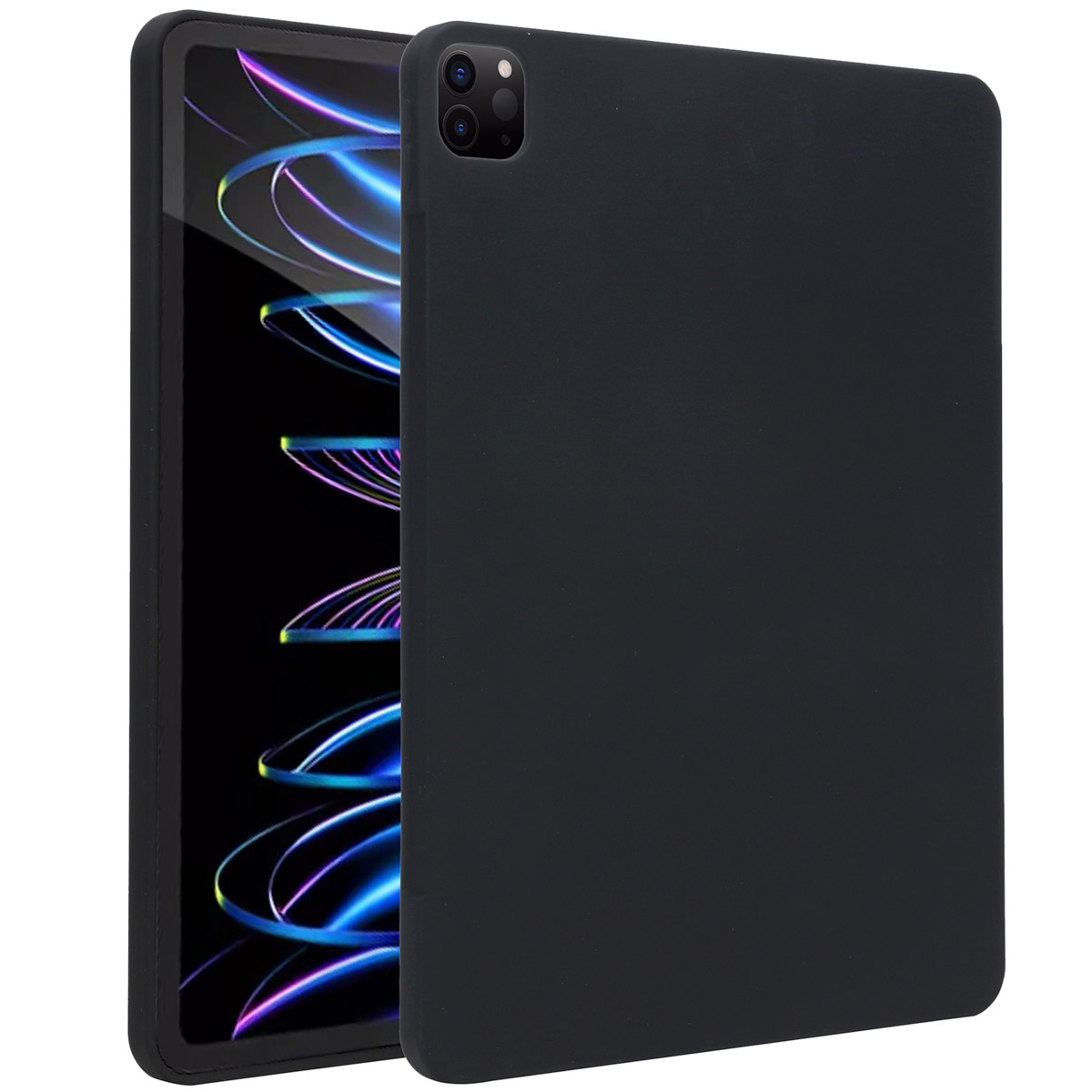 Black tablet in a black case, partially open, white background.