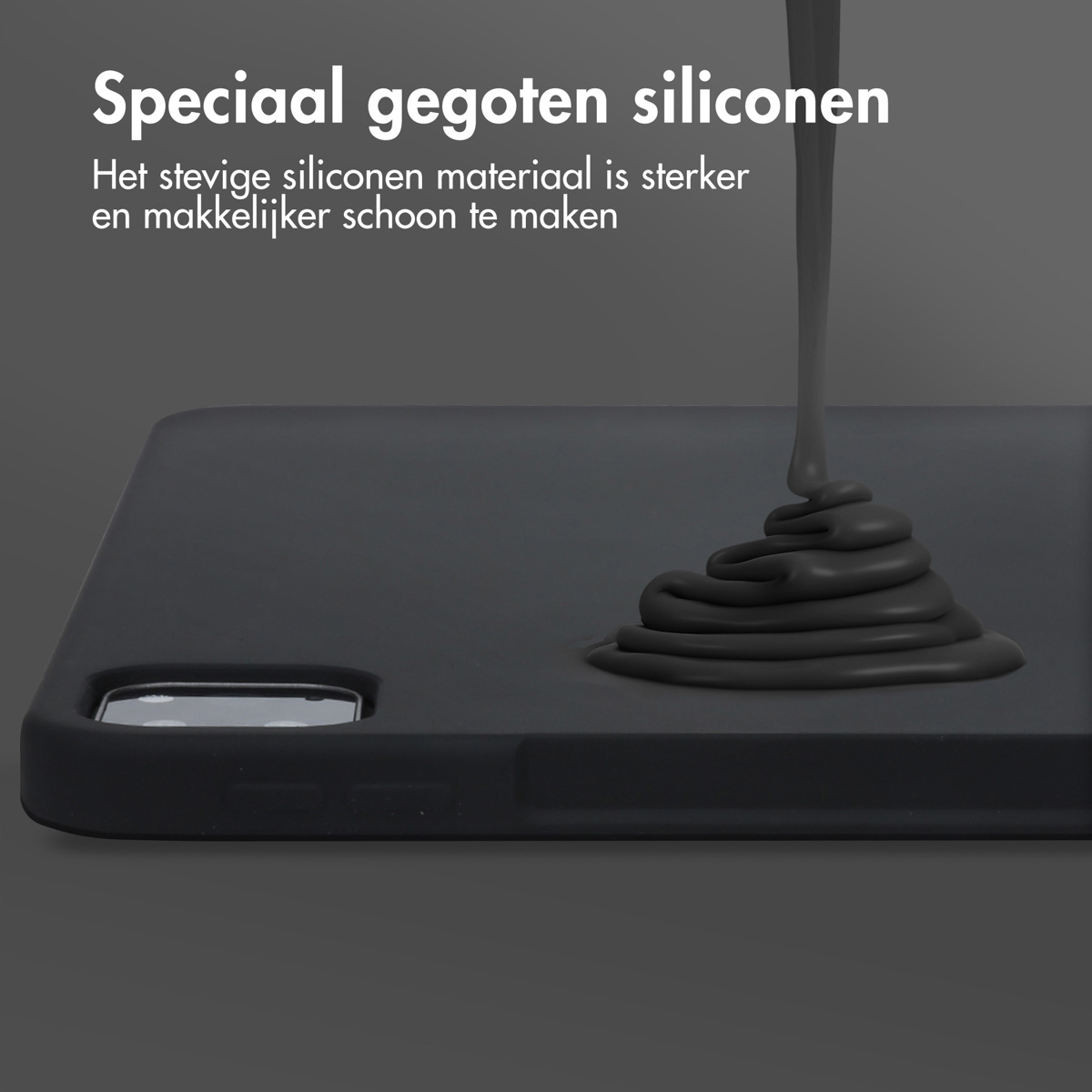 Black phone case with liquid pouring, close-up. Dark background.