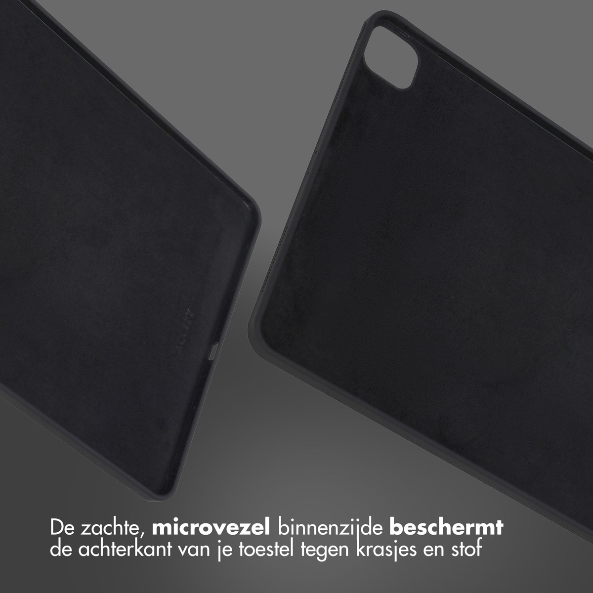 Two black tablet cases, one open, showing soft interior. Text: The soft microfiber interior protects the back.