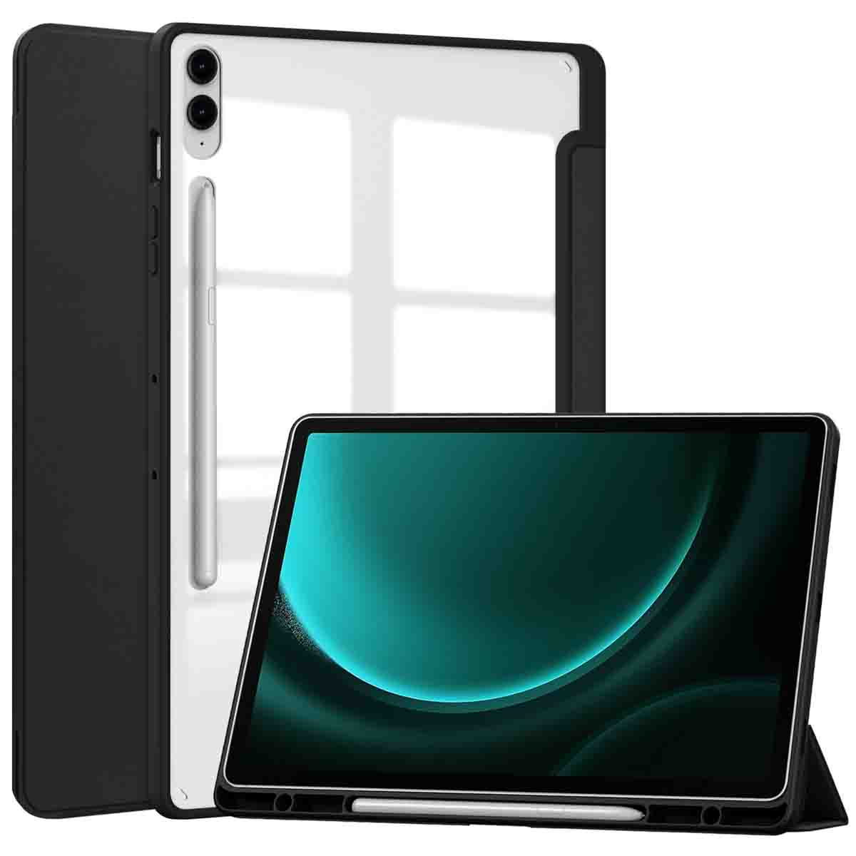 Tablet met een doorzichtige achterkant, zwarte hoes en een stylus, close-up.