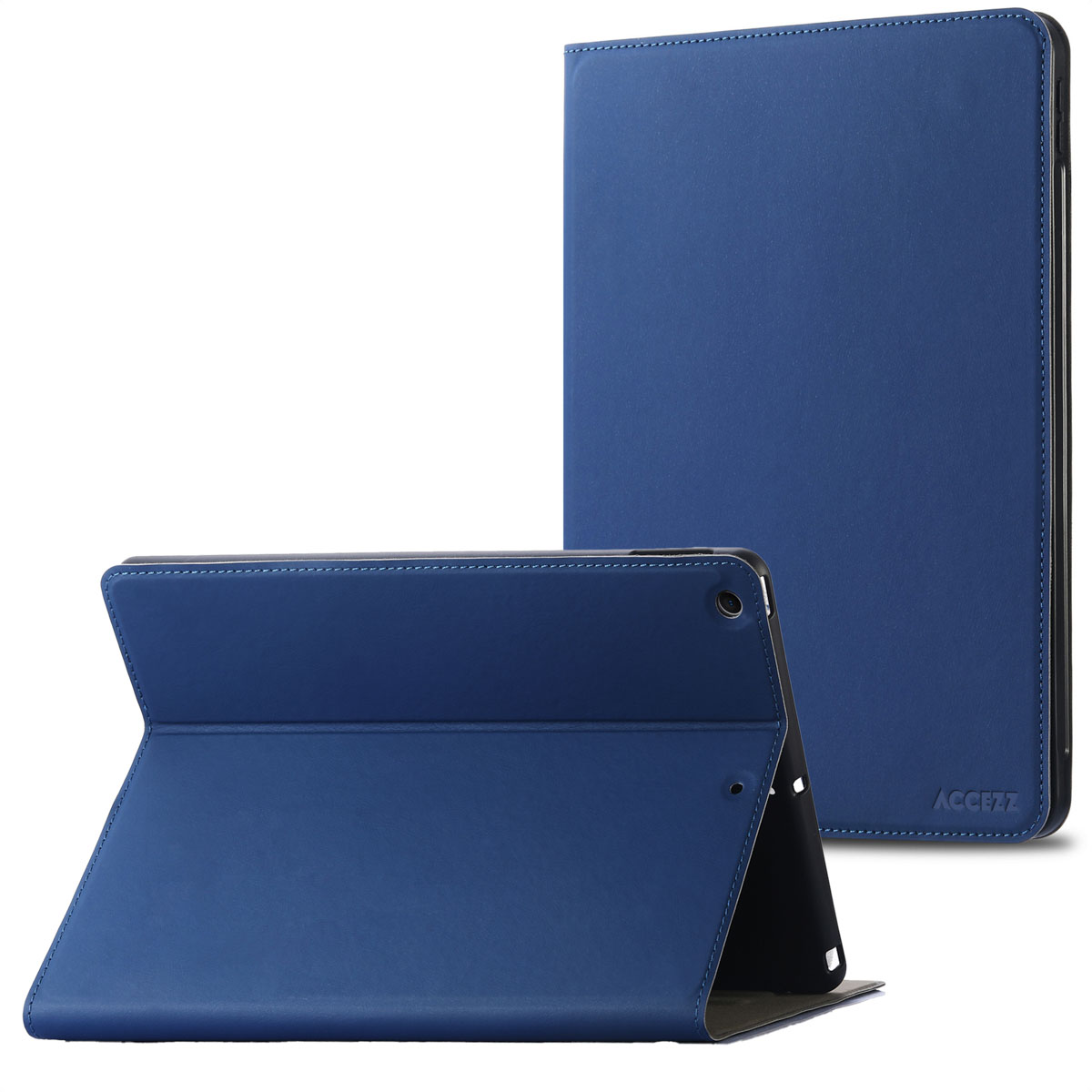 Blue tablet case with a tablet inside. Case is open, displaying the tablet.