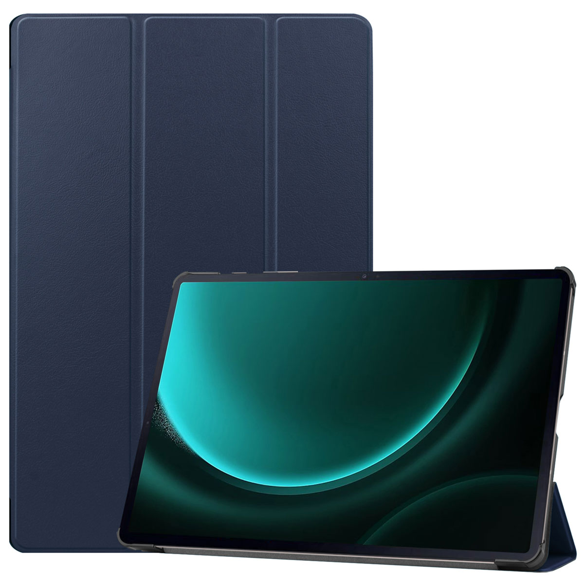 Tablet in een blauwe hoes, het is opgezet voor weergave.
