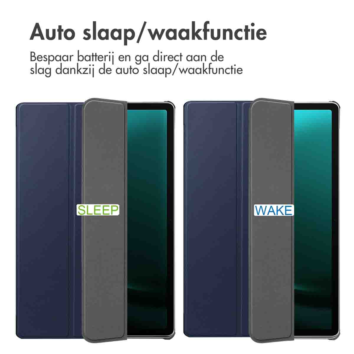 Twee tablethoesjes, één in slaapstand, één in actieve stand.