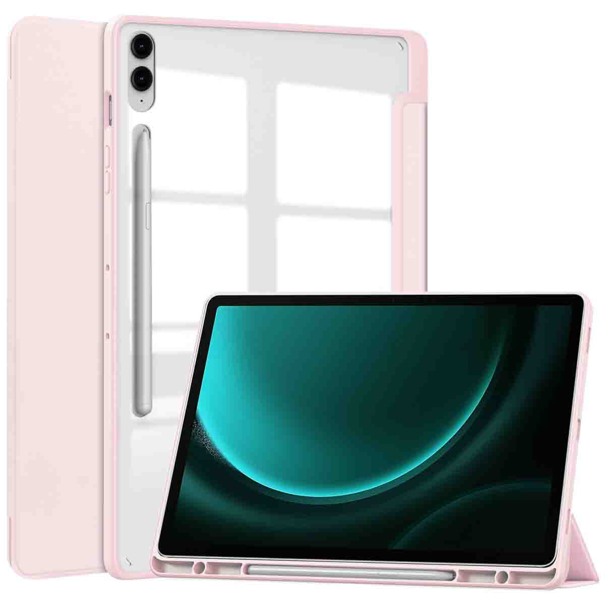 Roze tablethoes met iPad erin. Een pen is zichtbaar. Het is een 3-voudige hoes.